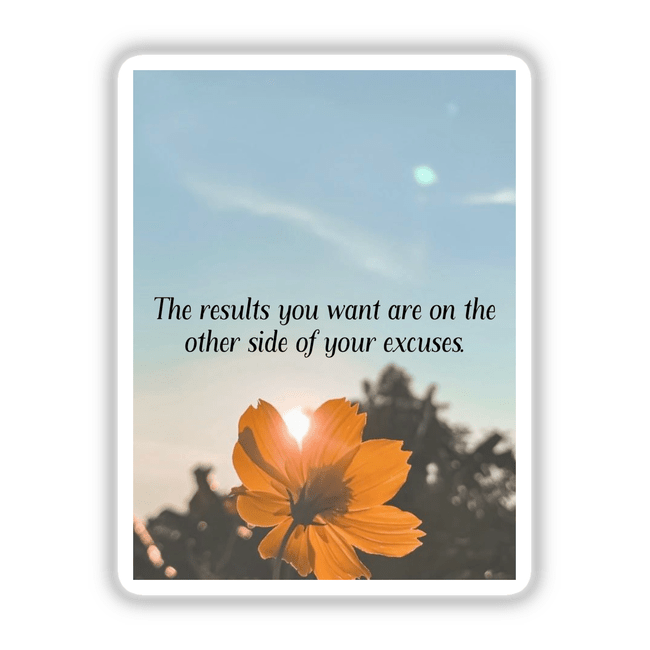 Cosmos flower with the quote The results you want are on the other side of your excuses, set against a sunny sky, available as stickers or digital artwork from Decal Venue.