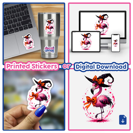 Spooky Halloween Flamingo Bird sticker collage featuring a flamingo with a hat, nail art, and digital download options.