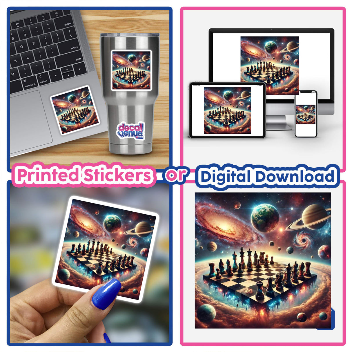 Galactic Chess - Space-Themed Chessboard with Planets and Stars displayed on a laptop, featuring a cosmic chessboard design. Available as Stickers or Digital Artwork.