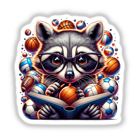 Cute Raccoon Reading a Book with Glasses and Sports Balls artwork features a raccoon with glasses, surrounded by various sports balls, perfect for stickers or digital art.