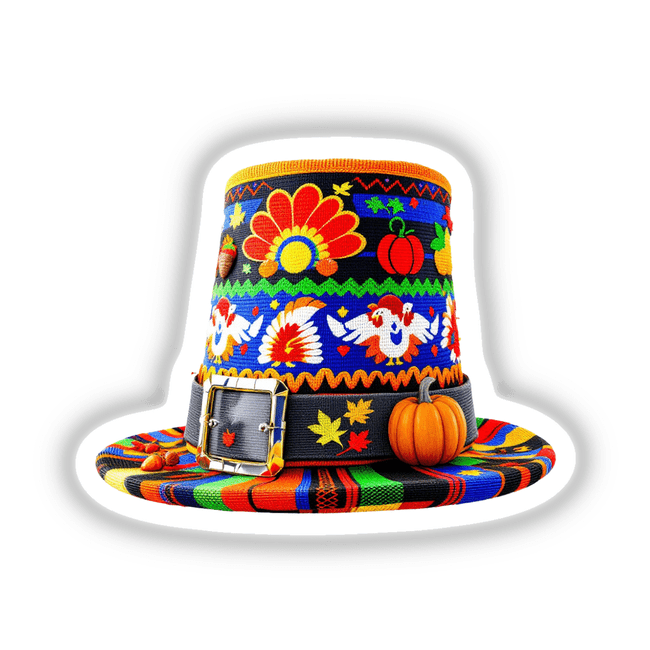 Thanksgiving Pilgrim Hat Knit Fabric Style featuring a festive pumpkin and buckle, offered as stickers or digital artwork by Decal Venue.