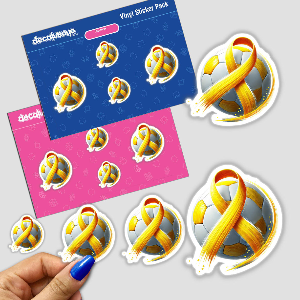 Soccer Ball Yellow Ribbon design sticker showing a football wrapped with a yellow ribbon, ideal for sports enthusiasts and soccer fans. Available from Decal Venue.