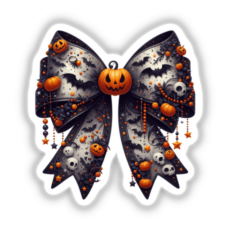 Pumpkin Decorated Coquette Bow featuring pumpkins, bats, and Halloween elements. Available as stickers or digital artwork, perfect for festive decoration.