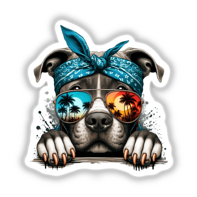 Tupac Style Pitbull Dog with sunglasses reflecting palm trees, wearing a bandana. Available as stickers or digital artwork from Decal Venue, known for unique vinyl stickers and digital art.
