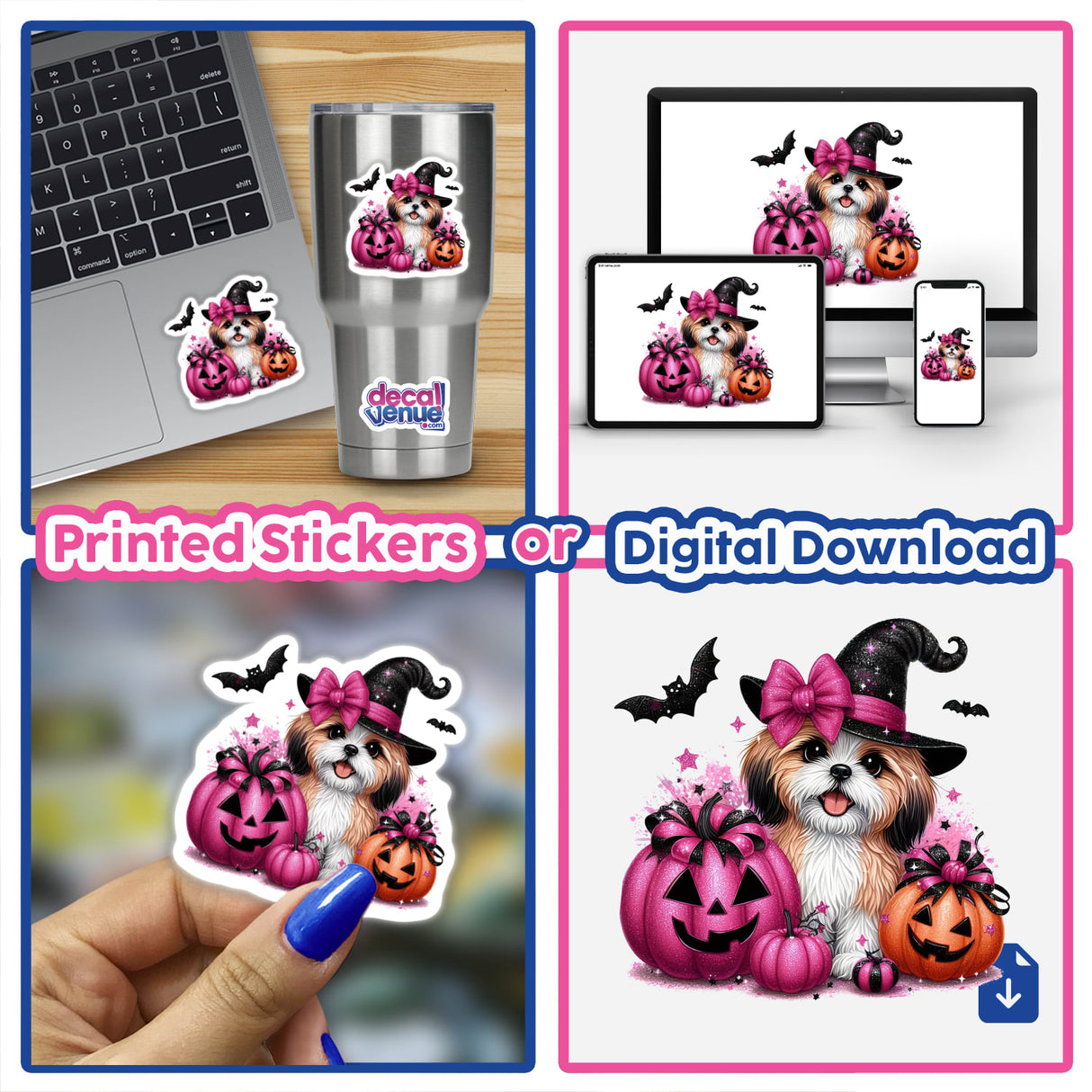Collage featuring Halloween Tan White Shih Tzu w/Glitter Pumpkins stickers or digital artwork, showcasing a Shih Tzu in a hat and bow with pumpkins, and a laptop adorned with stickers.