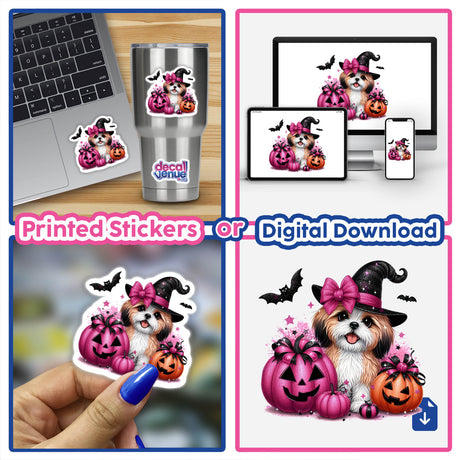 Collage featuring Halloween Tan White Shih Tzu w/Glitter Pumpkins stickers or digital artwork, showcasing a Shih Tzu in a hat and bow with pumpkins, and a laptop adorned with stickers.