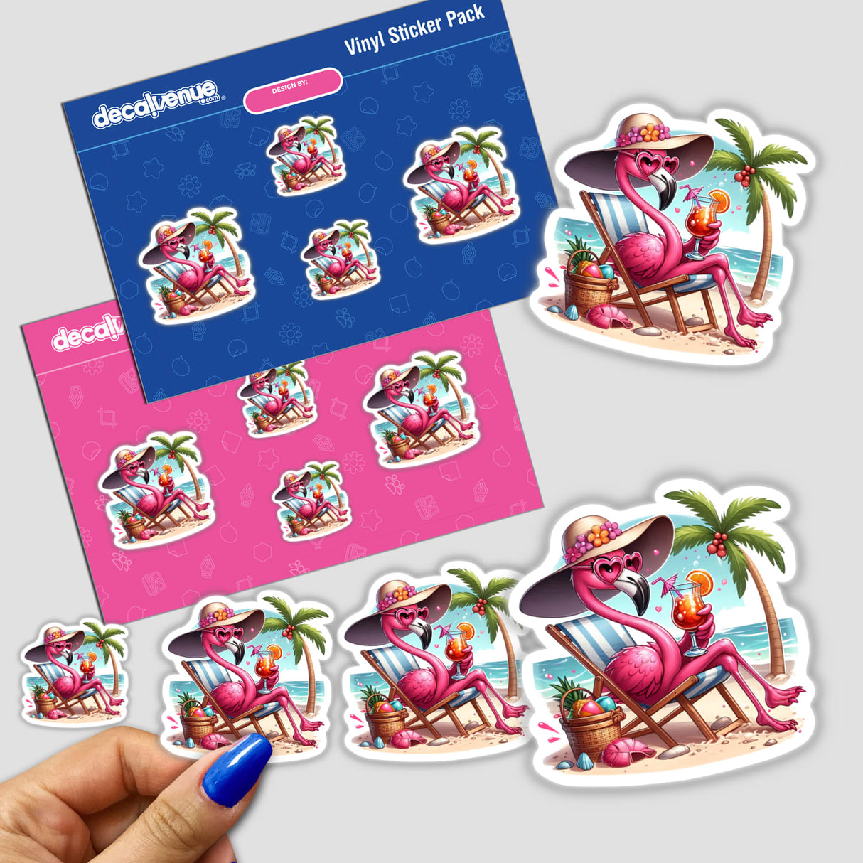 Flamingo Bird Beach Diva sticker pack featuring playful cartoon flamingos lounging on a beach, sipping drinks. Available as unique vinyl stickers or digital artwork from Decal Venue.