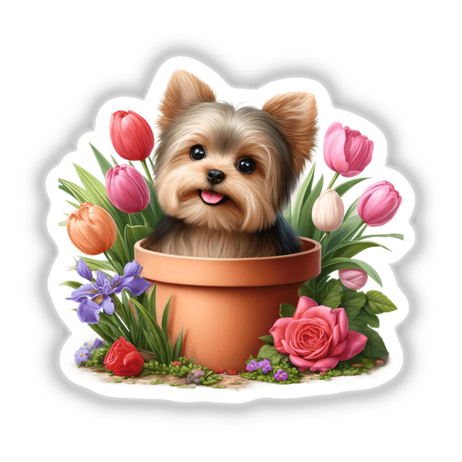 Yorkie Dog Peeking Out of Flower Pot