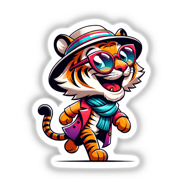 Trendy Tiger cartoon wearing a hat and glasses, available as stickers or digital artwork from Decal Venue.