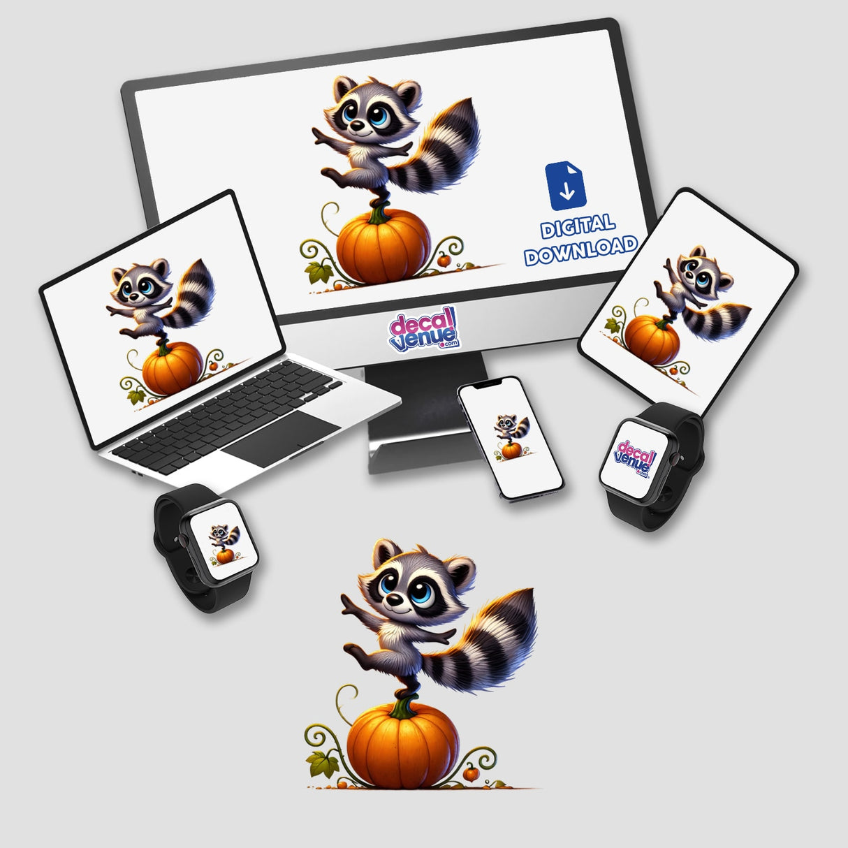 Raccoon Standing on Pumpkin digital artwork displayed on various devices, including a computer monitor, laptop, tablet, phone, and smartwatch. Available as stickers or digital artwork.