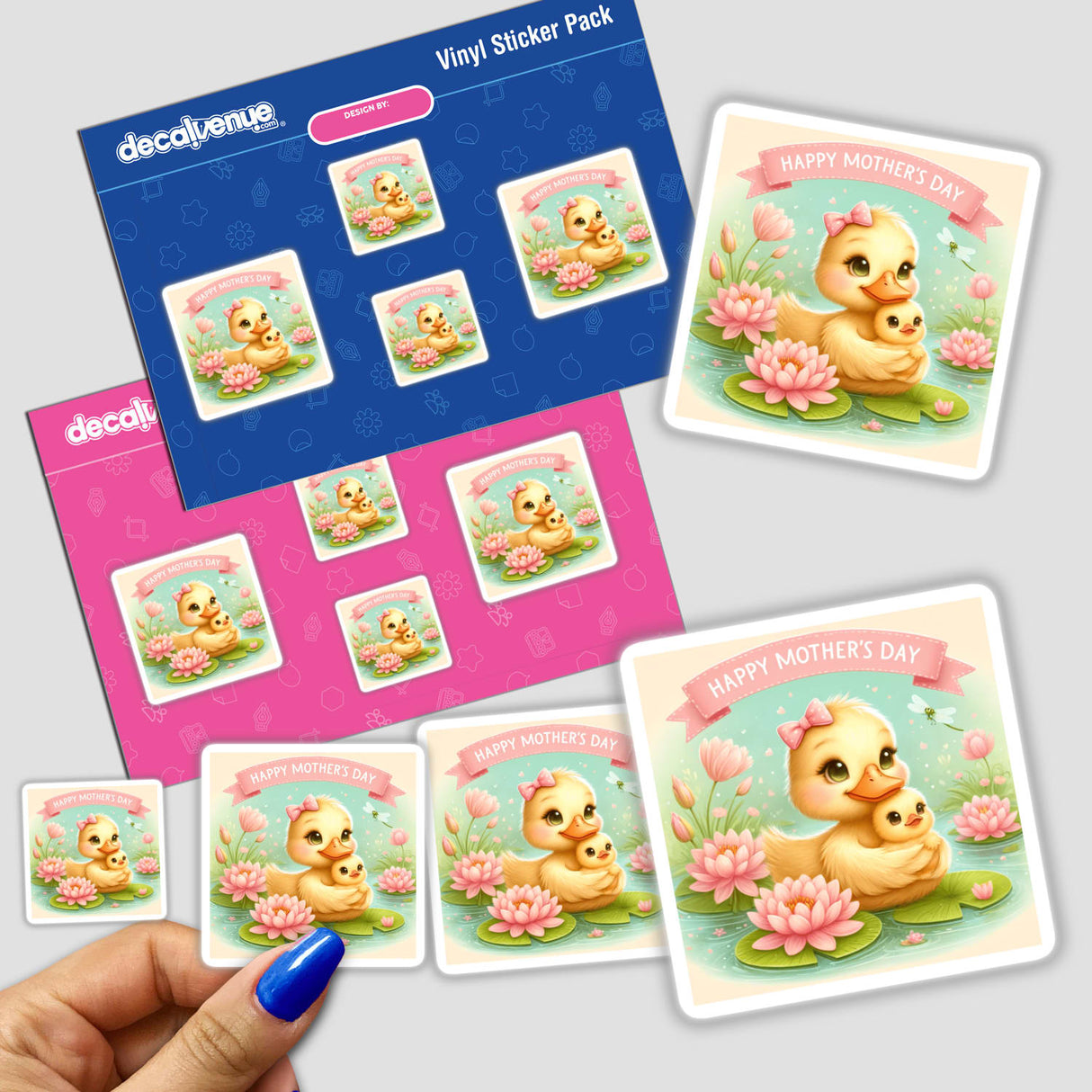 Mothers Day Ducklings with Water Lilies stickers feature charming cartoons of ducklings amid flowers, emphasizing playful and endearing designs, ideal for unique vinyl sticker or digital art enthusiasts.