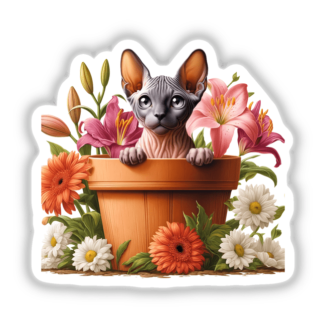 Sphinx Cat Peeking Out of Flower Pot