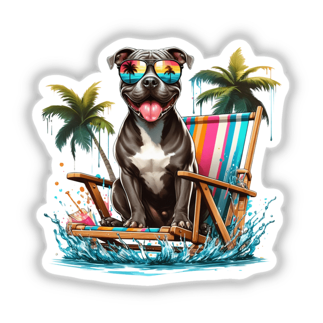 Splashing Beach Time Pitbull Dog depicted as digital artwork, showcasing a dog sitting on a chair with a palm tree in the background, available as stickers or digital art.