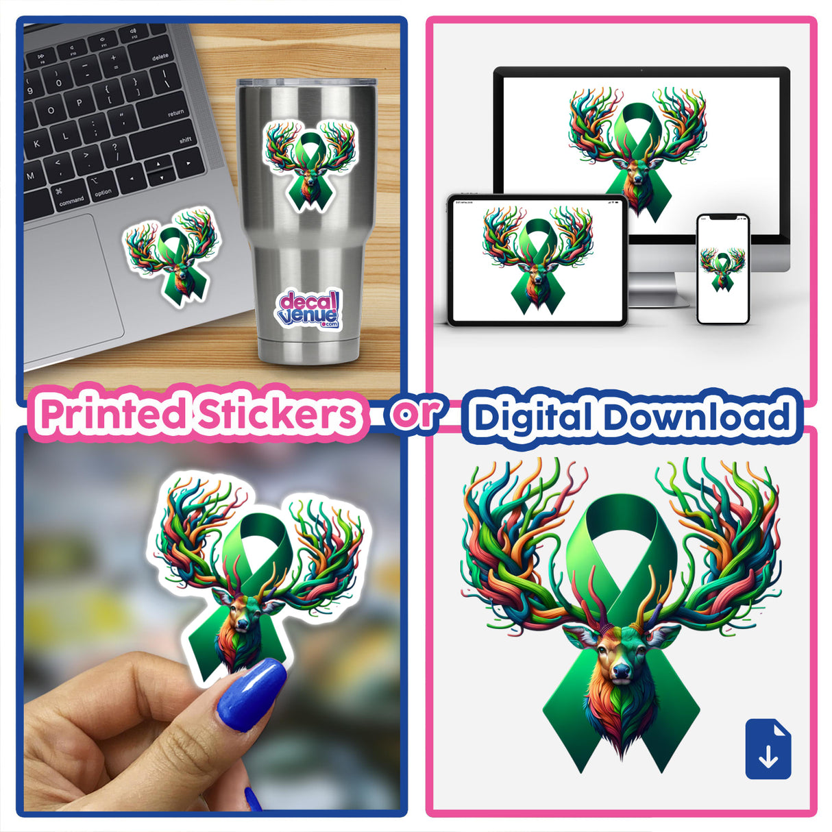 Collage featuring Deer Green Ribbon Liver Cancer Awareness design, showcasing a sticker and digital artwork of a deer with colorful horns and a green ribbon.