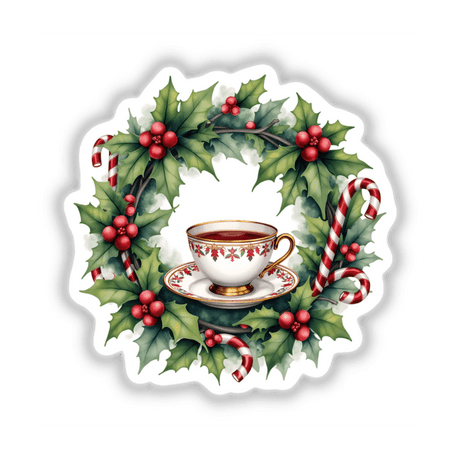 Teacup and Saucer in a Christmas Wreath, adorned with holly berries, leaves, and candy canes, ideal as a sticker or digital artwork from Decal Venue's unique collection.