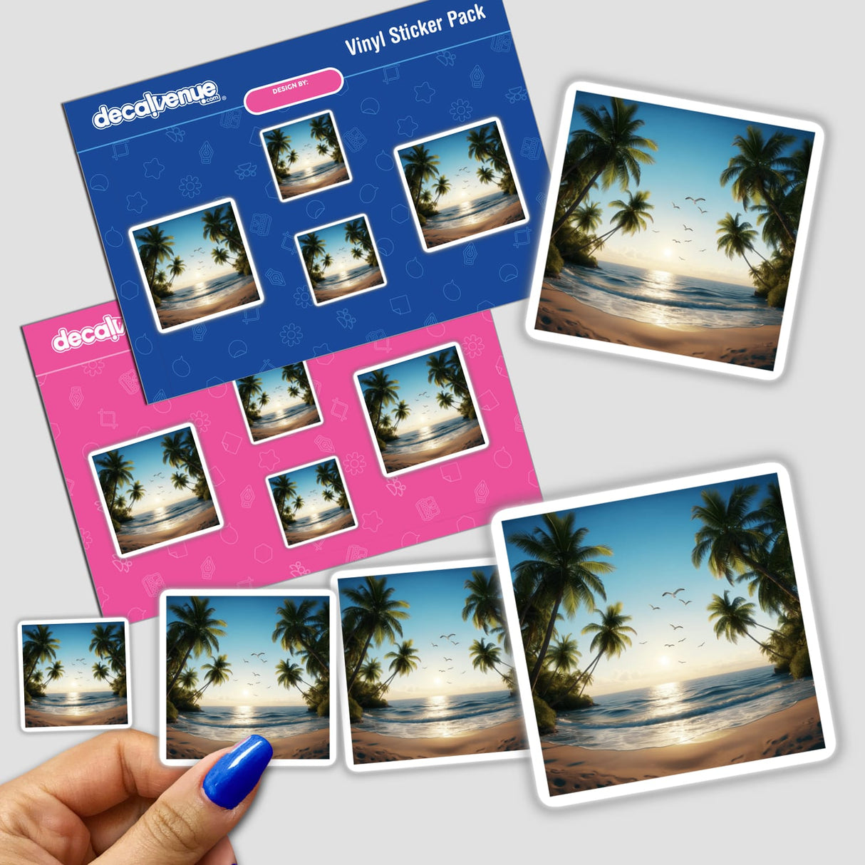 Sticker pack titled Tranquil Sunset Seagulls Over Tropical Beach held in hand, featuring palm trees and flying birds, available as stickers or digital artwork from Decal Venue.