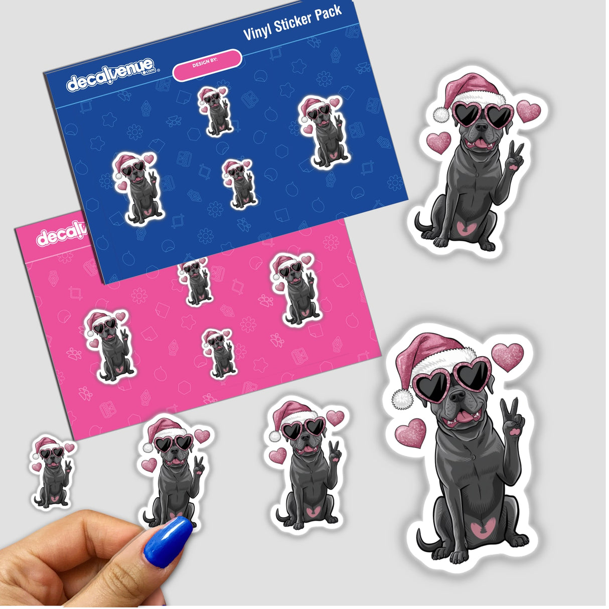 Christmas Santa Pitbull Dog Peace Sign II sticker features a cartoon pitbull wearing a Santa hat and sunglasses, embodying festive cheer. Available as both stickers and digital artwork.