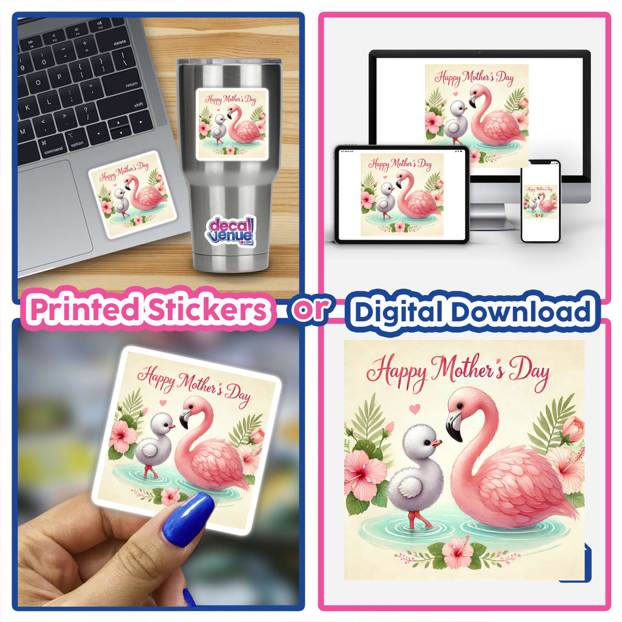 Happy Mother's Day Flamingo and Ducklings Illustration featuring cheerful flamingo-themed stickers, showcasing a pink flamingo with ducklings. Available as vinyl stickers or digital artwork from Decal Venue.