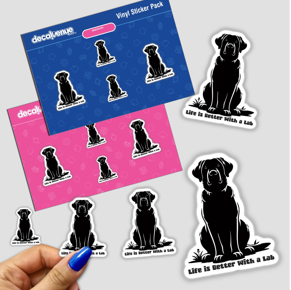 Life is Better with a Lab stickers featuring black and white dog illustrations, perfect for vinyl lovers or digital art enthusiasts at Decal Venue.