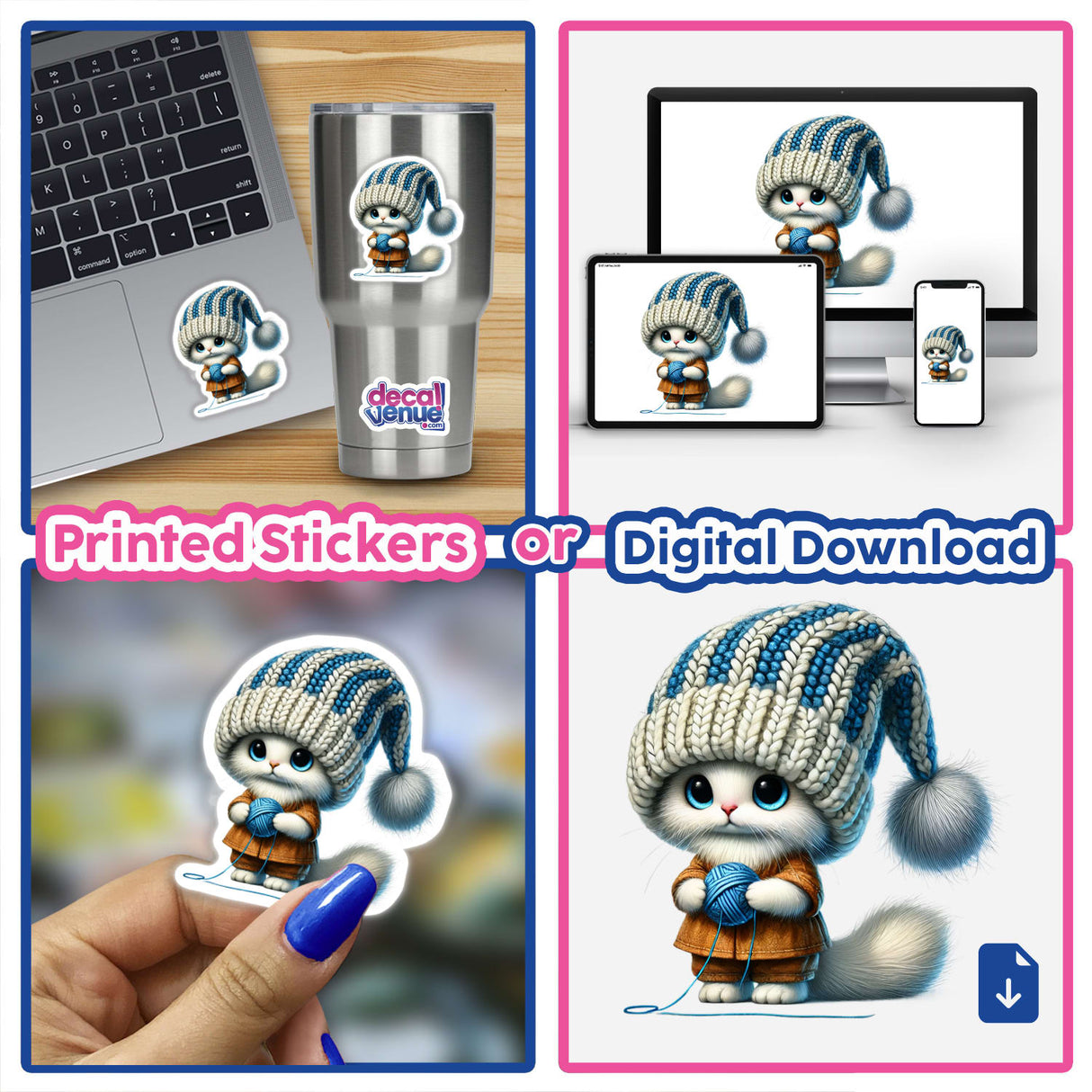 Adorable Ragdoll Cat Gnome Holding Ball of Yarn - Digital Artwork available as Printed Stickers or Digital Download from Decal Venue, an online store offering unique stickers and digital art by talented designers.