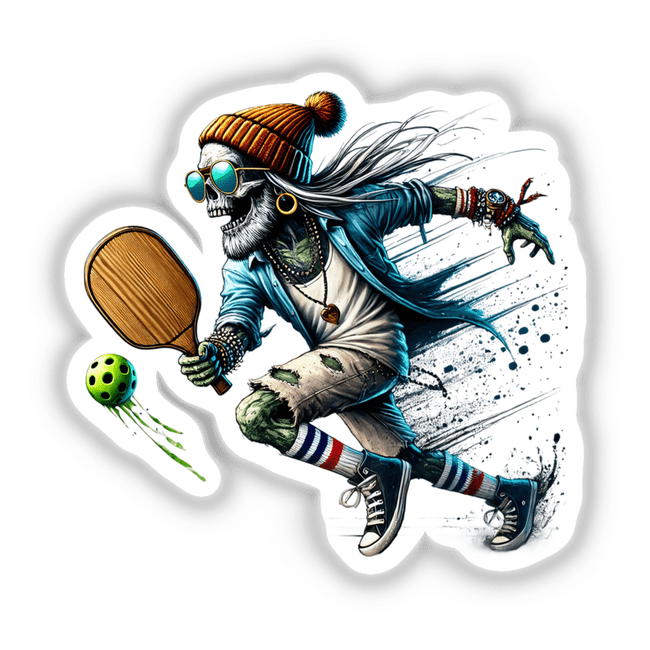 Trendy Zombie Playing Pickleball: A cartoon skeleton wearing a hat and sunglasses, running with a paddle, available as stickers or digital artwork.