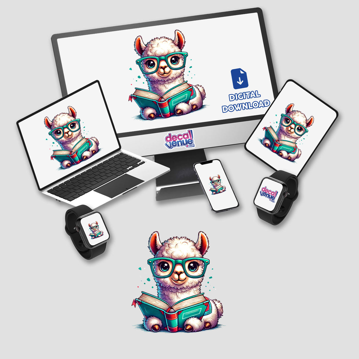 Llama With Reading Glasses Open Book displayed on a computer monitor, laptop, and smartwatch, available as stickers or digital artwork from Decal Venue.