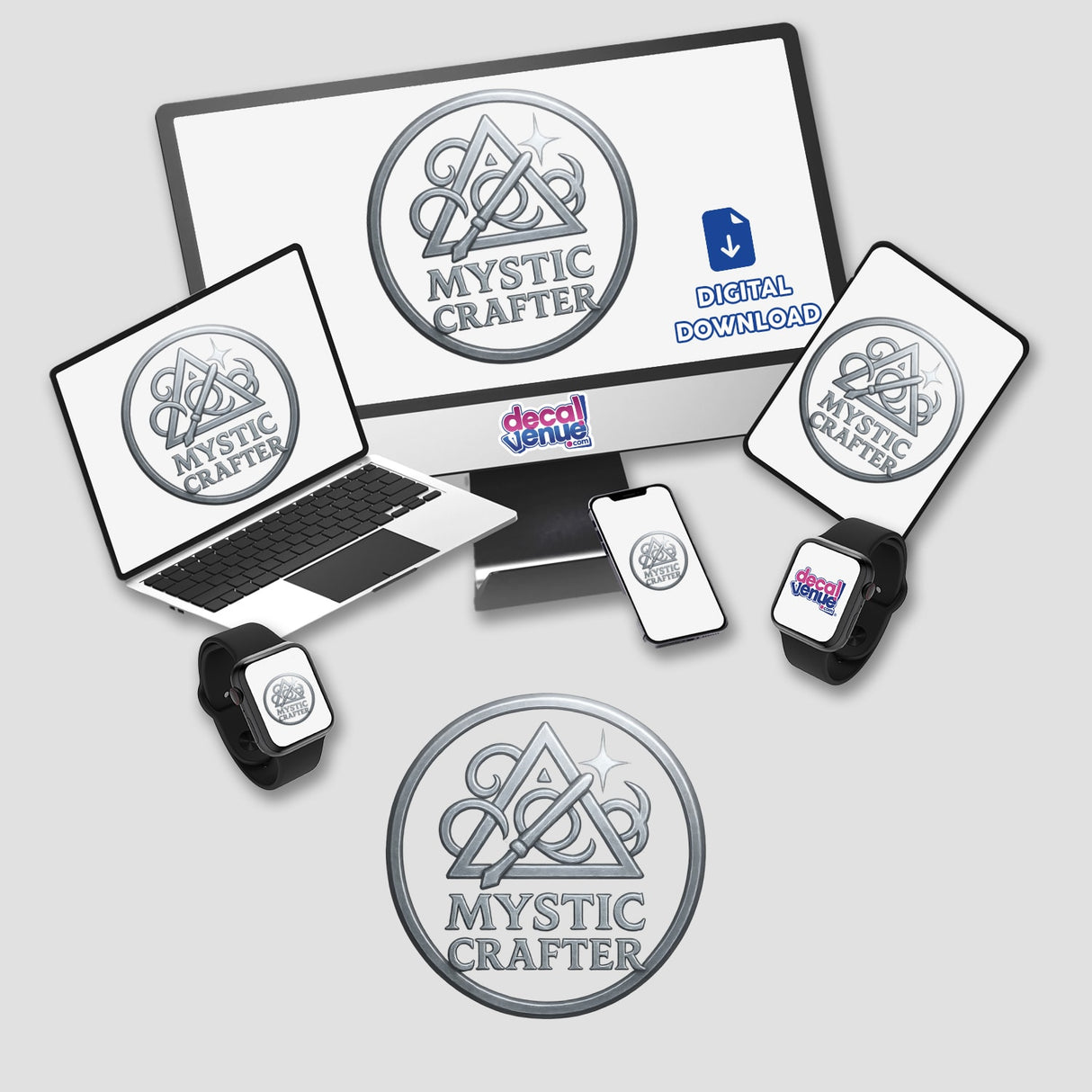 Mystic Crafter – RPG-Style Skill Badge (Silver Arcane Icon) depicted as a sleek, intricate design available as both vinyl stickers and digital artwork, reflecting Decal Venue’s unique offerings.