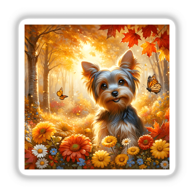 Yorkshire Terrier in a Cozy Autumn Park Watercolor Illustration featuring a long-haired dog with large ears amidst a garden of flowers and a butterfly, available as stickers or digital artwork.