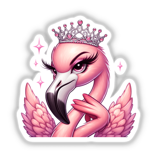 Sassy Princess Flamingo available as stickers or digital artwork, showcasing a flamboyant flamingo with a playful crown, embodying the whimsical and unique style of Decal Venue's product offerings.