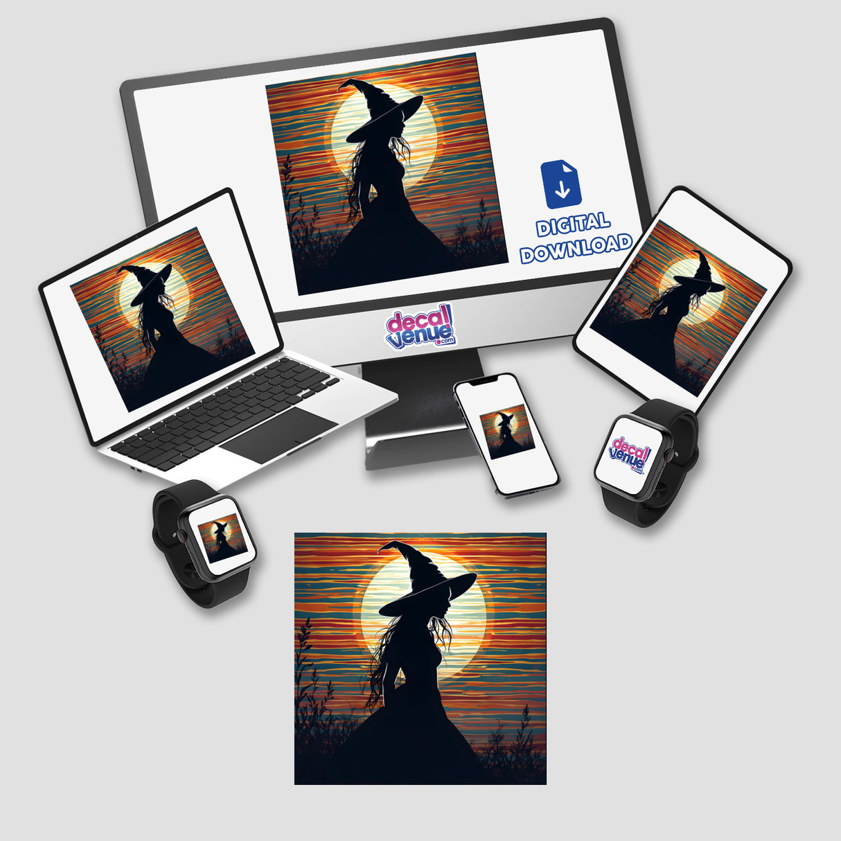 Witch Silhouette with Vibrant Stripes Halloween sticker or digital artwork featuring a silhouette of a woman in a hat, displayed on various devices including a computer monitor, laptop, tablet, and smartwatch.