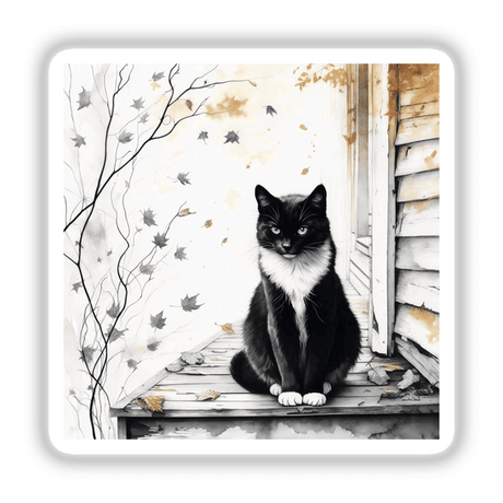 Cat on Autumn Porch Sumi-e Japanese Ink Wash depicted as a unique vinyl sticker or digital artwork, showcasing a serene cat in a traditional ink wash style, available from Decal Venue.