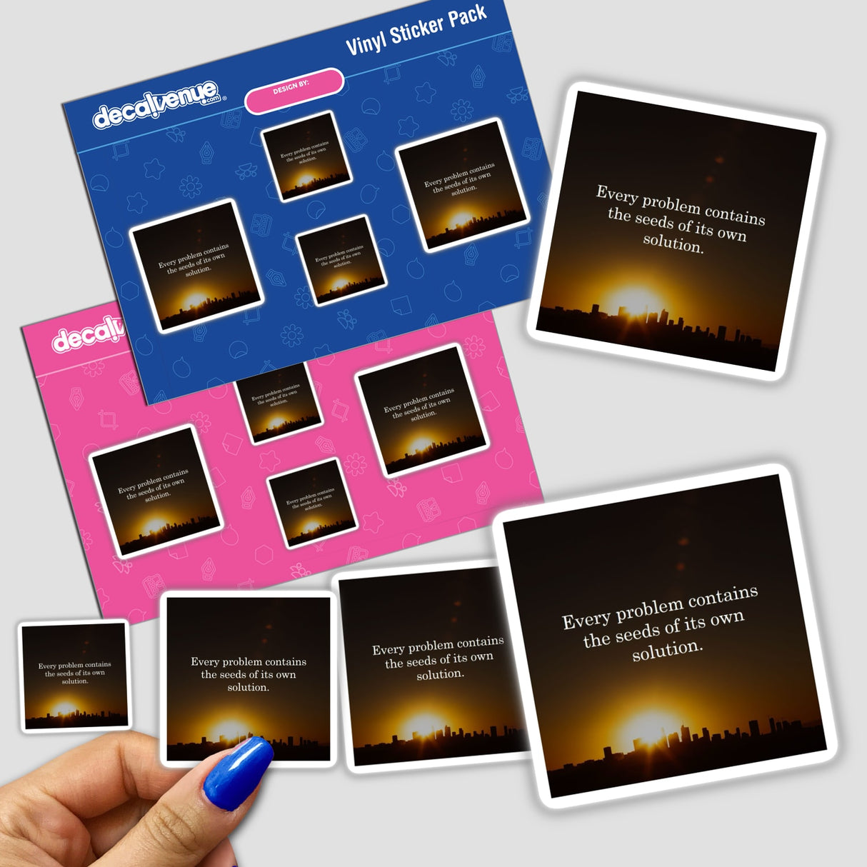 Every Problem Contains the Seeds of its own Solution Skyline View features a cityscape silhouette against a vibrant sunrise, with an inspiring quote, available as unique stickers or digital artwork from Decal Venue.