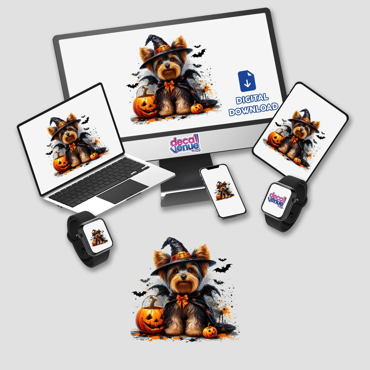 Halloween Yorkie Dog in Dracula Costume on computer monitor and laptop, available as stickers or digital artwork.