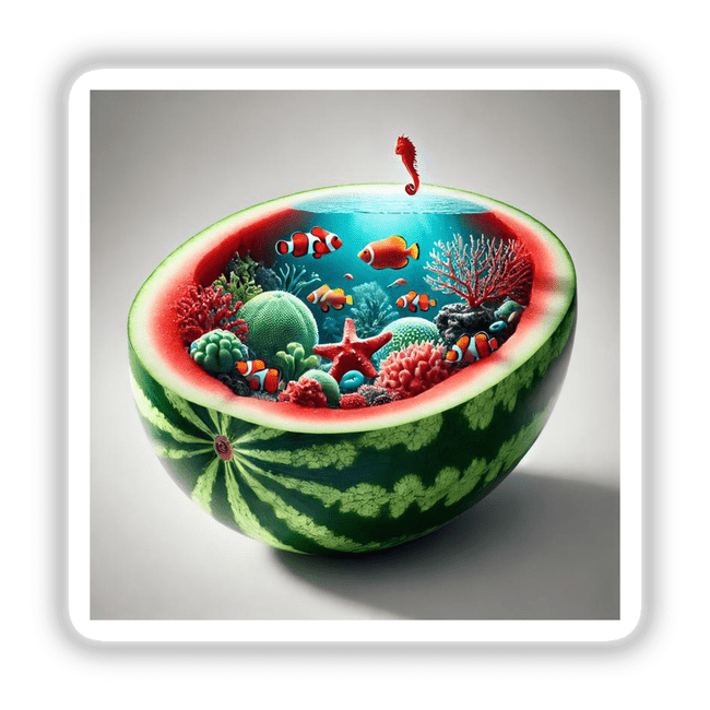 Aquatic Wonderland Coral Reef Inside a Watermelon: Digital artwork featuring fish and sea creatures inside a watermelon, available as stickers or digital download. Perfect for whimsical and vibrant decor.