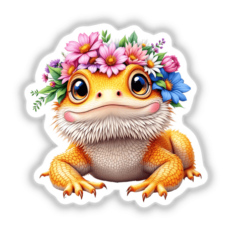 Playful Bearded Dragon with a Springtime Flower Crown, depicted as a charming cartoon lizard adorned with a floral headpiece, ideal for adding whimsical flair as stickers or digital art.