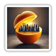 Urban Citrus City Skyline Inside an Orange: An orange with a detailed city skyline seamlessly integrated within, available as unique stickers or digital artwork from Decal Venue.