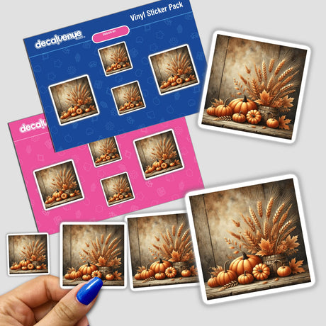 Autumn Harvest - Cozy Scene with Pumpkins and Wheat stickers featuring detailed pumpkins and wheat motifs; available as stickers or digital artwork.
