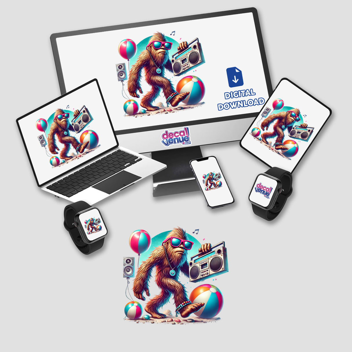 Colorful digital artwork depicting a Sasquatch creature enjoying a summer day at the beach, surrounded by a boombox, balloons, and other vibrant elements. This unique design is available as stickers or digital downloads from the Decal Venue shop, allowing you to express your style and personality.