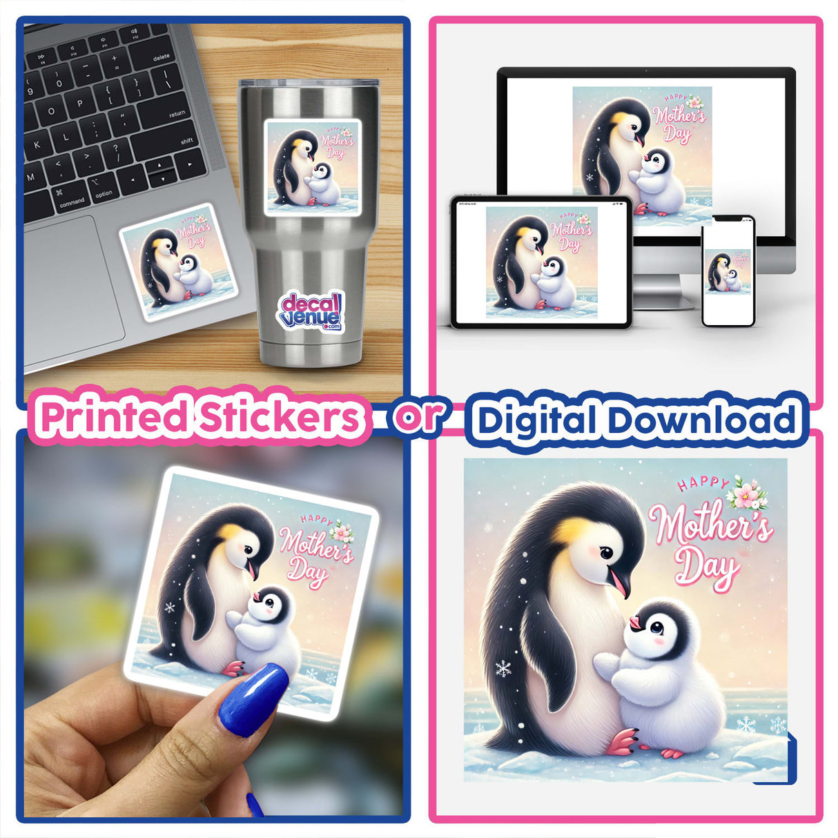 Mother penguin with her child in Happy Mother's Day sticker on a laptop, showcasing a tender cartoon design reflecting the bond between a penguin mother and her chick.