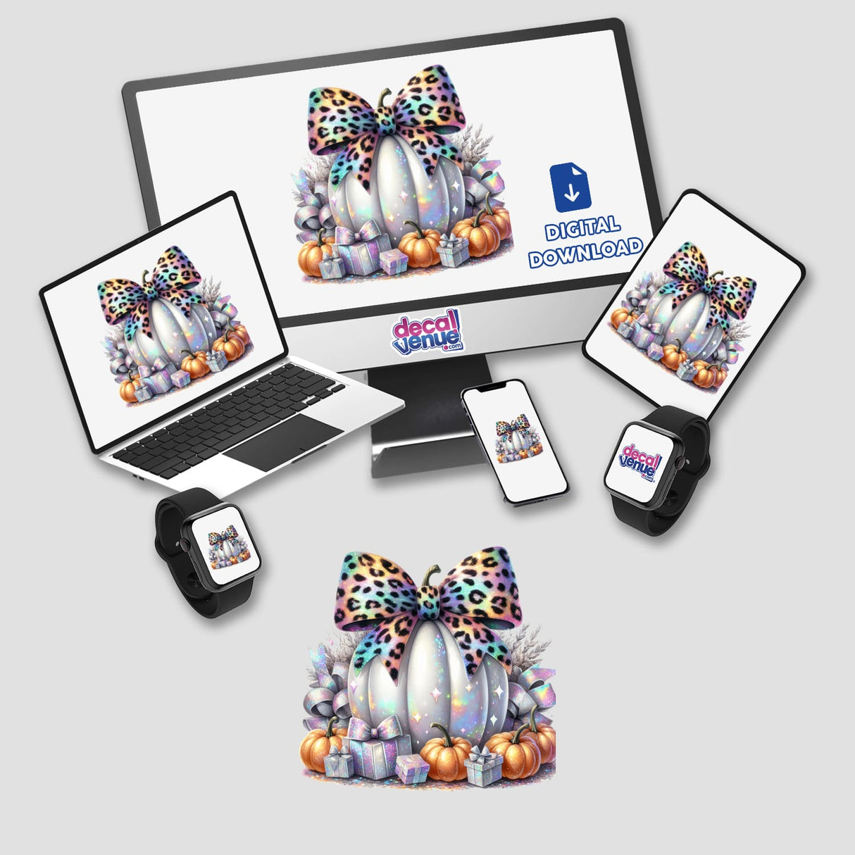 Colorful leopard-print bow adorning pumpkins and autumn decor on a digital device display mockup from Decal Venue, an online store offering unique stickers and digital art.