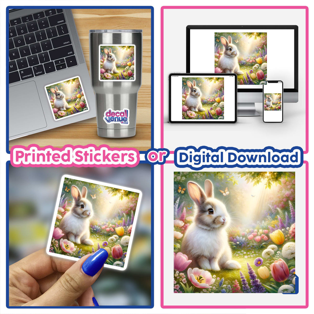 Rabbit in a Blooming Meadow Watercolor Illustration featured on a laptop screen, showcasing its availability as stickers or digital artwork, with a collage of rabbits and laptops surrounding it.