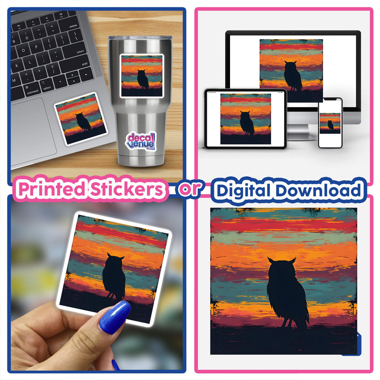 Owl Silhouette with Bold Color Stripes displayed on a laptop and as digital artwork, featuring multiple owl silhouettes and a close-up of a person's finger holding a picture of an owl.