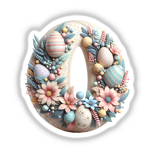 Beautiful Easter Wreath with Floral Accents and Eggs, showcasing a decorative letter 'O' adorned with vibrant flowers and intricately painted eggs, available as stickers or digital artwork.