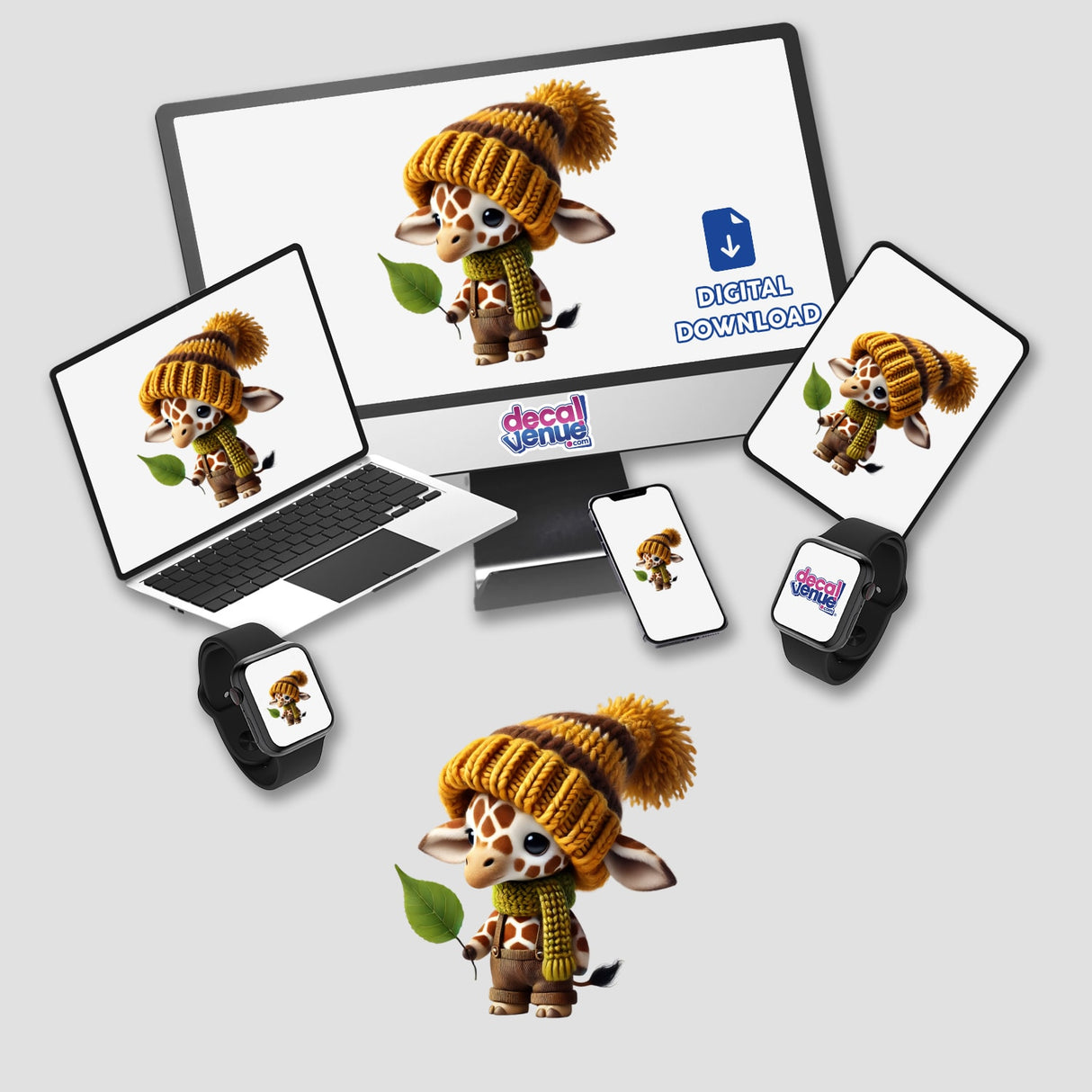 Giraffe Gnome with Leaf displayed on a laptop, monitor, and other devices, available as stickers or digital artwork.