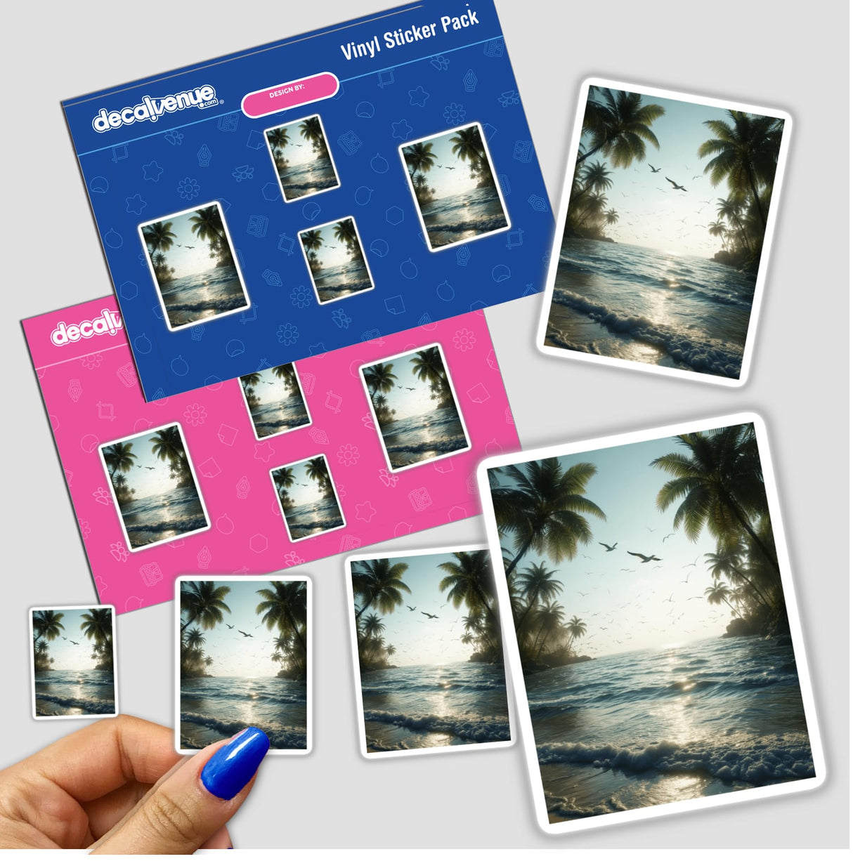 Hand holding the Serene Ocean Seagulls Over Tropical Shore sticker pack, featuring palm trees and birds flying over a beach, available as stickers or digital artwork from Decal Venue.