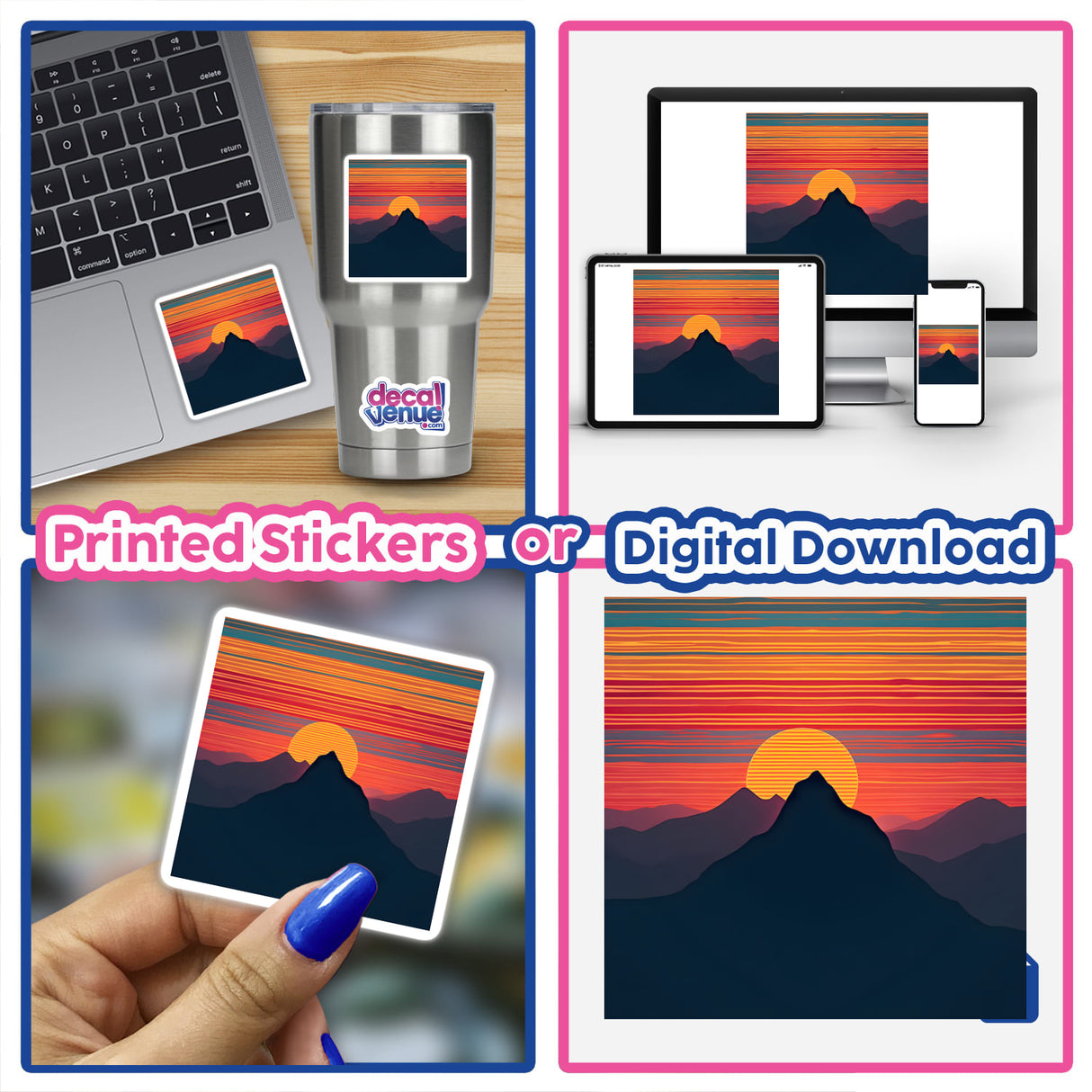 Collage featuring Mountain Range Silhouette in Dynamic Color Stripes on a laptop, tumbler, and held photo, highlighting versatility as unique stickers or digital artwork.