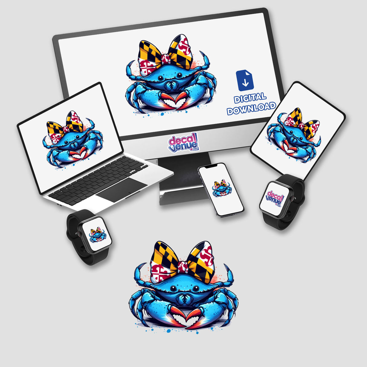 Maryland Flag Coquette Bow Claw Heart Crab displayed on a computer monitor and laptop screen, showcasing its cartoon-like design. Available as stickers or digital artwork at Decal Venue.
