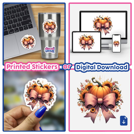 Collage featuring Fall Sunflowers Pumpkins and Coquette Bow stickers, including close-ups of a pumpkin with a bow and flowers, a decal, and a laptop with a sticker.