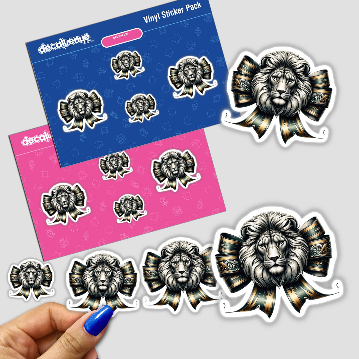 Sticker featuring a lion head adorned with a bow, titled Lion Coquette Bow Green Gold. Available as stickers or digital artwork from Decal Venue.