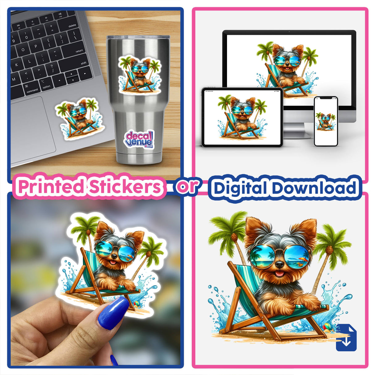 Peeking Yorkie Dog Sitting in Beach Chair featured as a vinyl sticker or digital artwork, showcasing a cute Yorkie wearing sunglasses, perfect for adding a playful touch to your belongings.